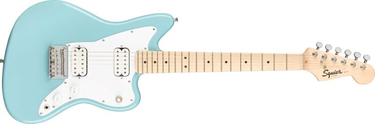 Squier Mini Jazzmaster HH guitarra elétrica offset azul claro com captadores duplos e braço em maple