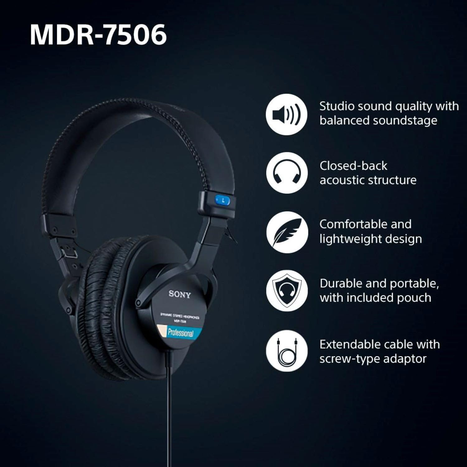 Fone Sony MDR-7506 com descrição das características de som e design