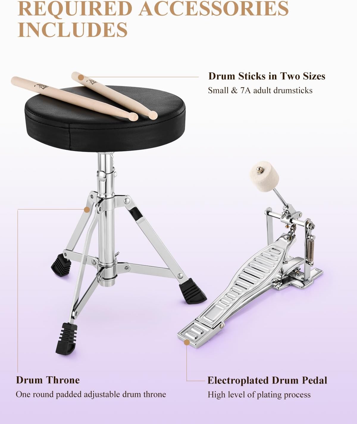 Acessórios do conjunto de bateria júnior Eastar roxo metálico, incluindo banco, baquetas e pedal.