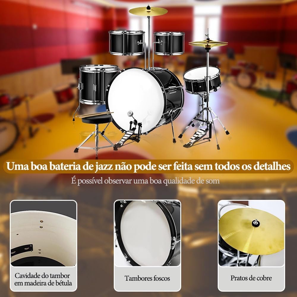 Bateria Darhan com cavidade em madeira de bétula, tambores foscos e pratos de cobre para melhor qualidade sonora.