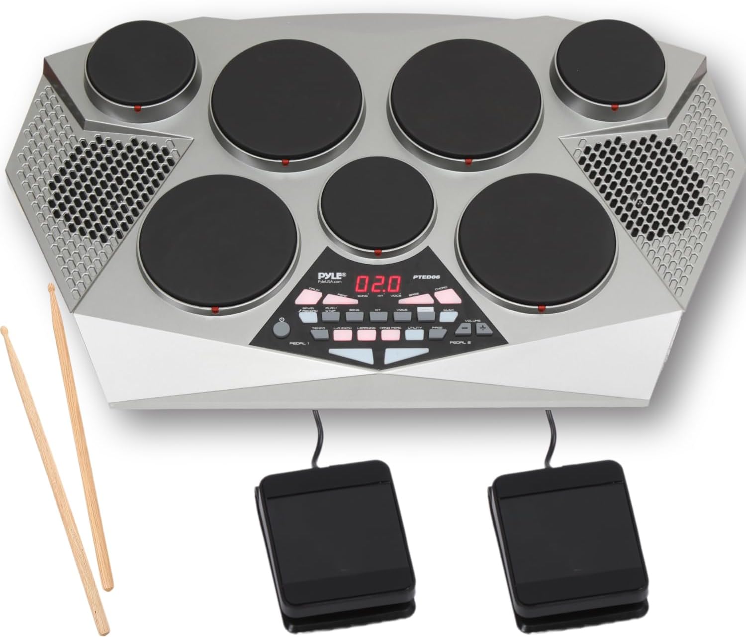 Pyle PTED06 bateria eletrônica portátil prata com painel digital e pedais