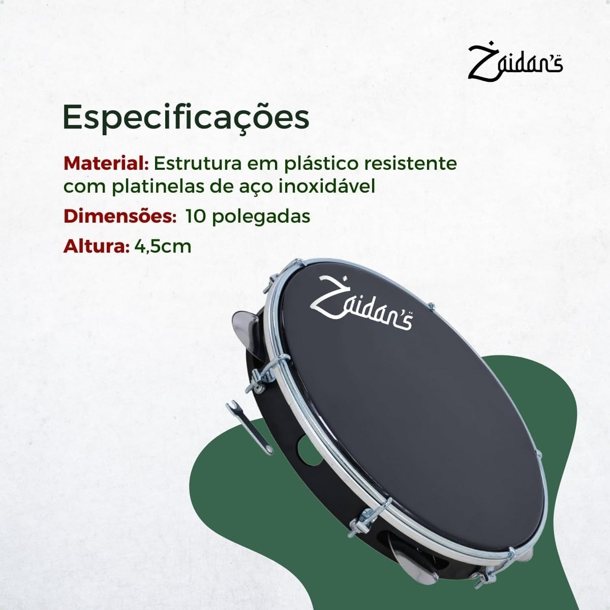 Especificações do pandeiro Zaidan's profissional preto 10 polegadas com estrutura em plástico e platanelas de aço inox.