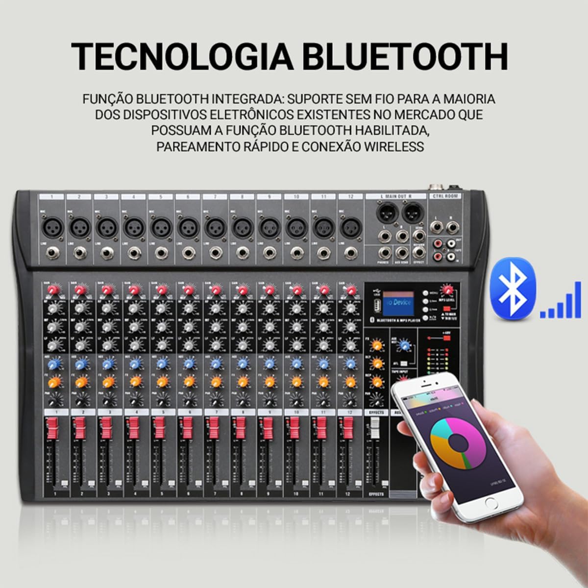 Mesa de som GMRGB 12 canais com tecnologia Bluetooth integrada e controle via smartphone