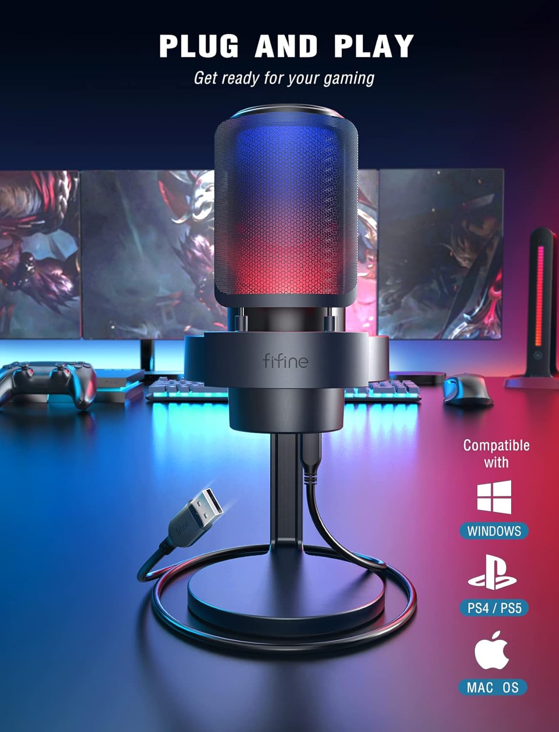 Microfone FIFINE A8 compatível com Windows, PS4, PS5 e Mac OS, conexão plug and play USB