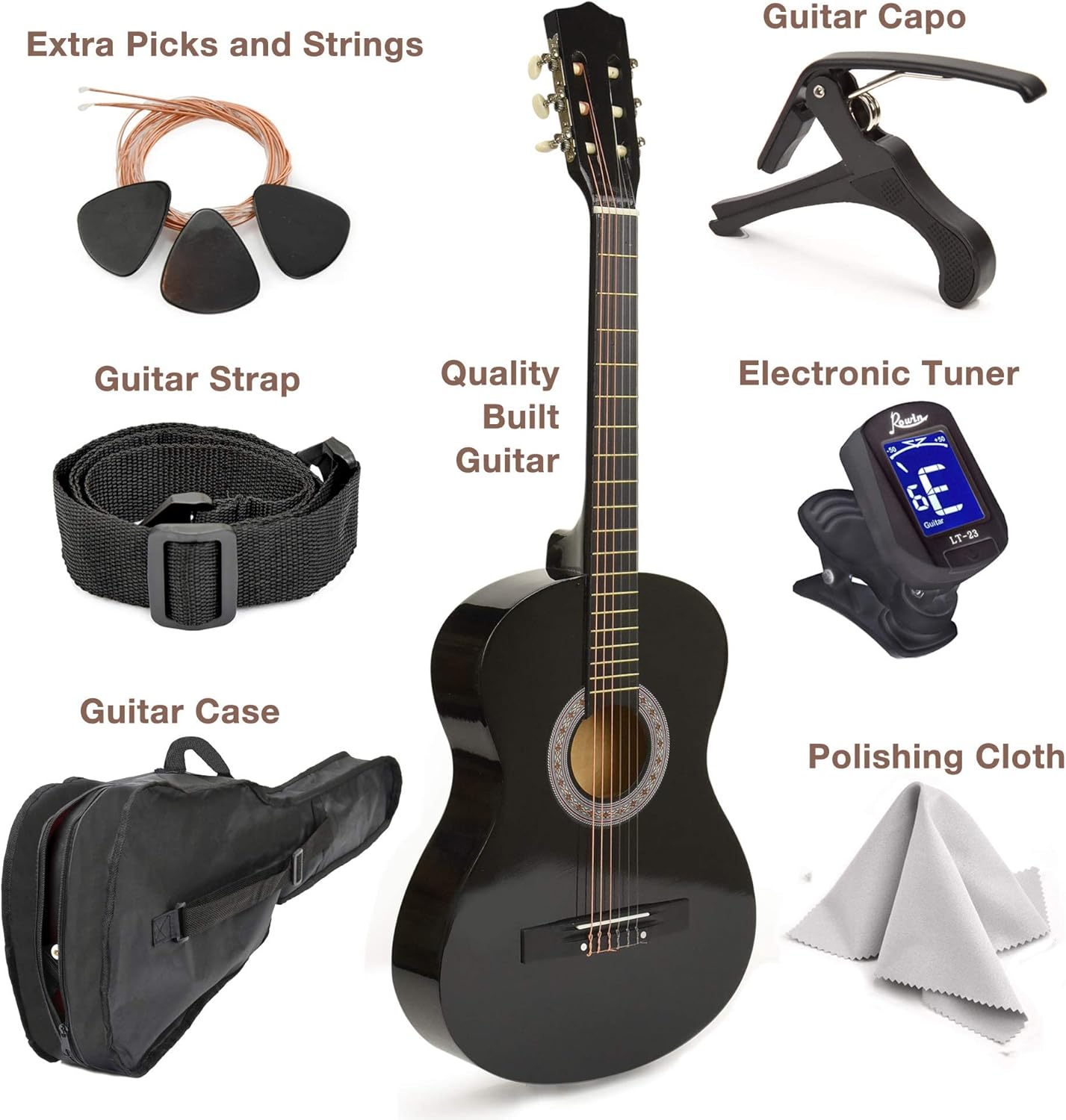 Guitarra clássica canhota preta Master Play 76 cm com acessórios extras e texto explicativo dos itens inclusos como palhetas, capo, alça, afinador, flanela e capa.