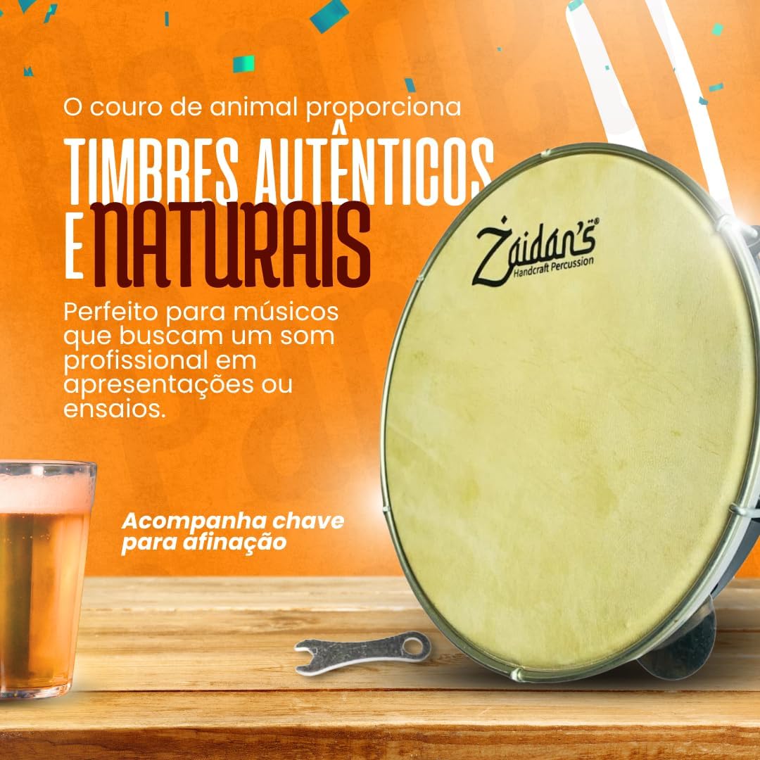 Pandeiro Zaidan's profissional 10 polegadas com couro caprino natural, timbres autênticos, acompanha chave para afinação.