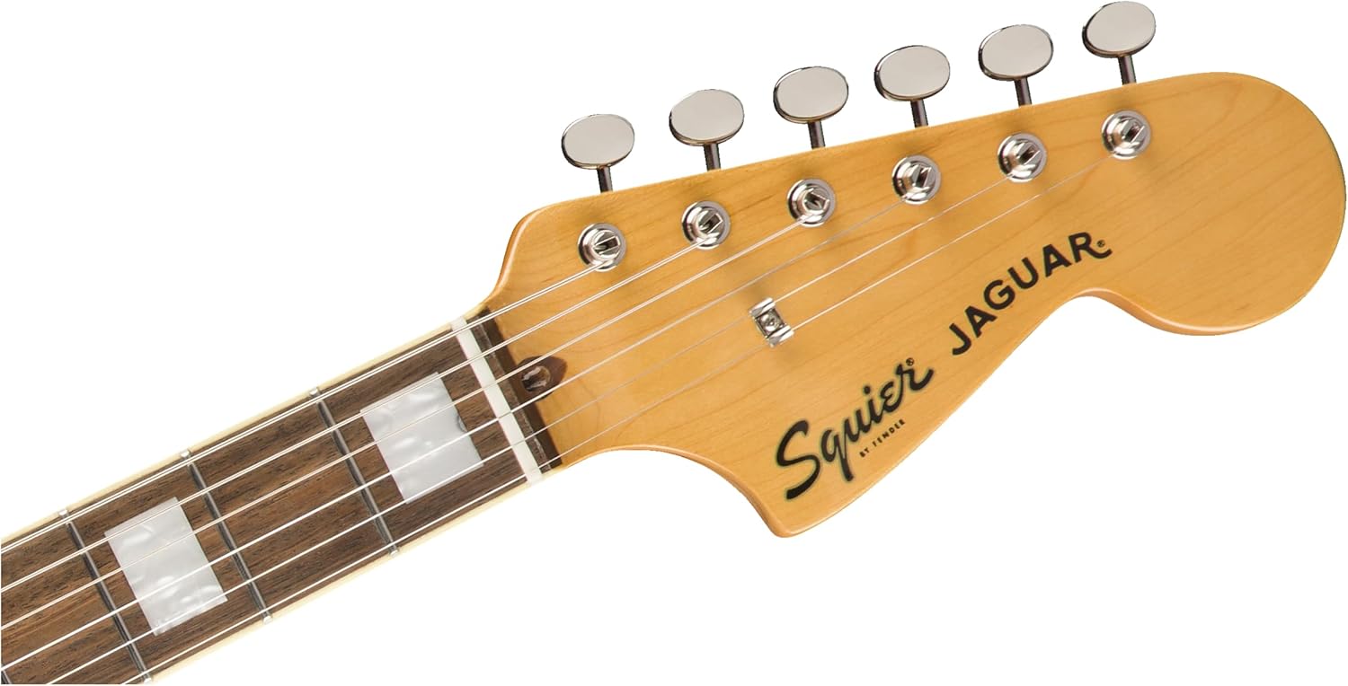 Cabeça da guitarra elétrica Squier Classic Vibe '70s Jaguar acabamento Sunburst com logo e tarraxas.
