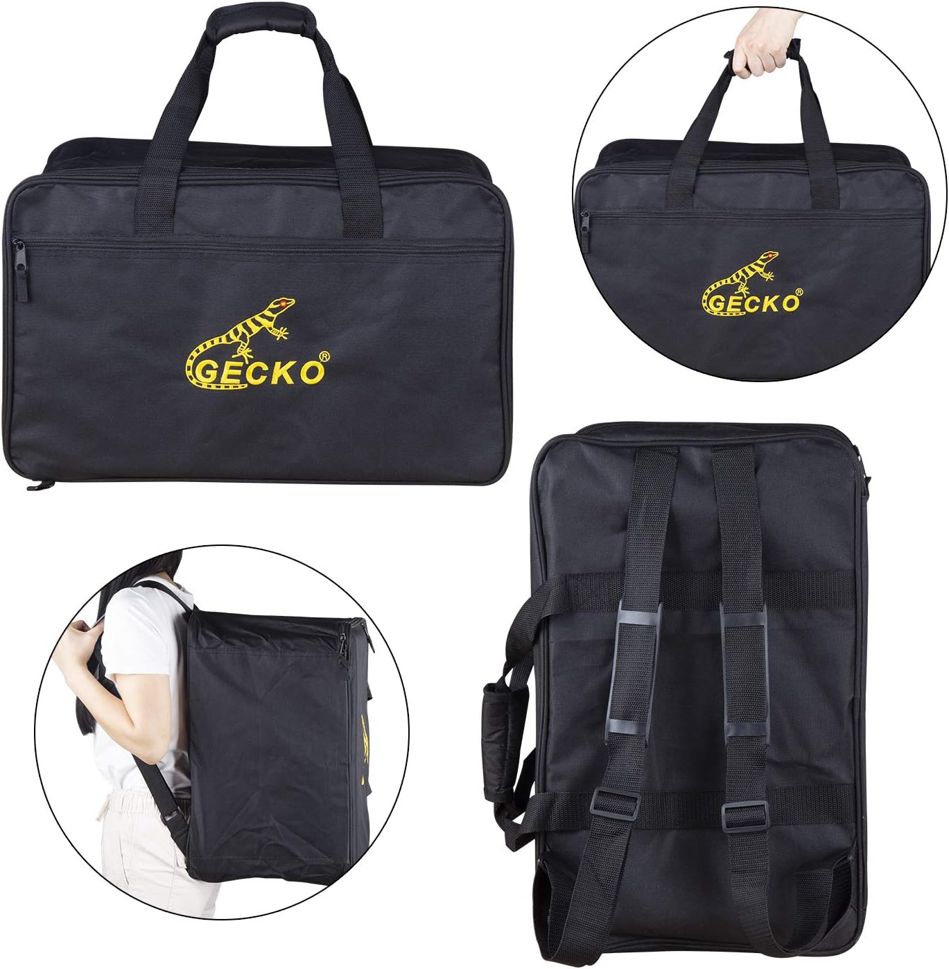 Bolsa preta para transporte do cajon GECKO BOX com logo amarelo e alças para mão e costas
