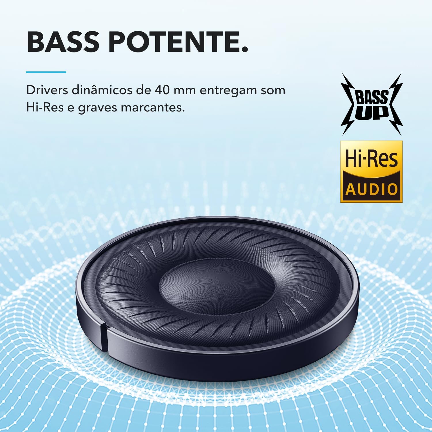 Driver de 40 mm do fone Soundcore Q20i com som Hi-Res e graves potentes.
