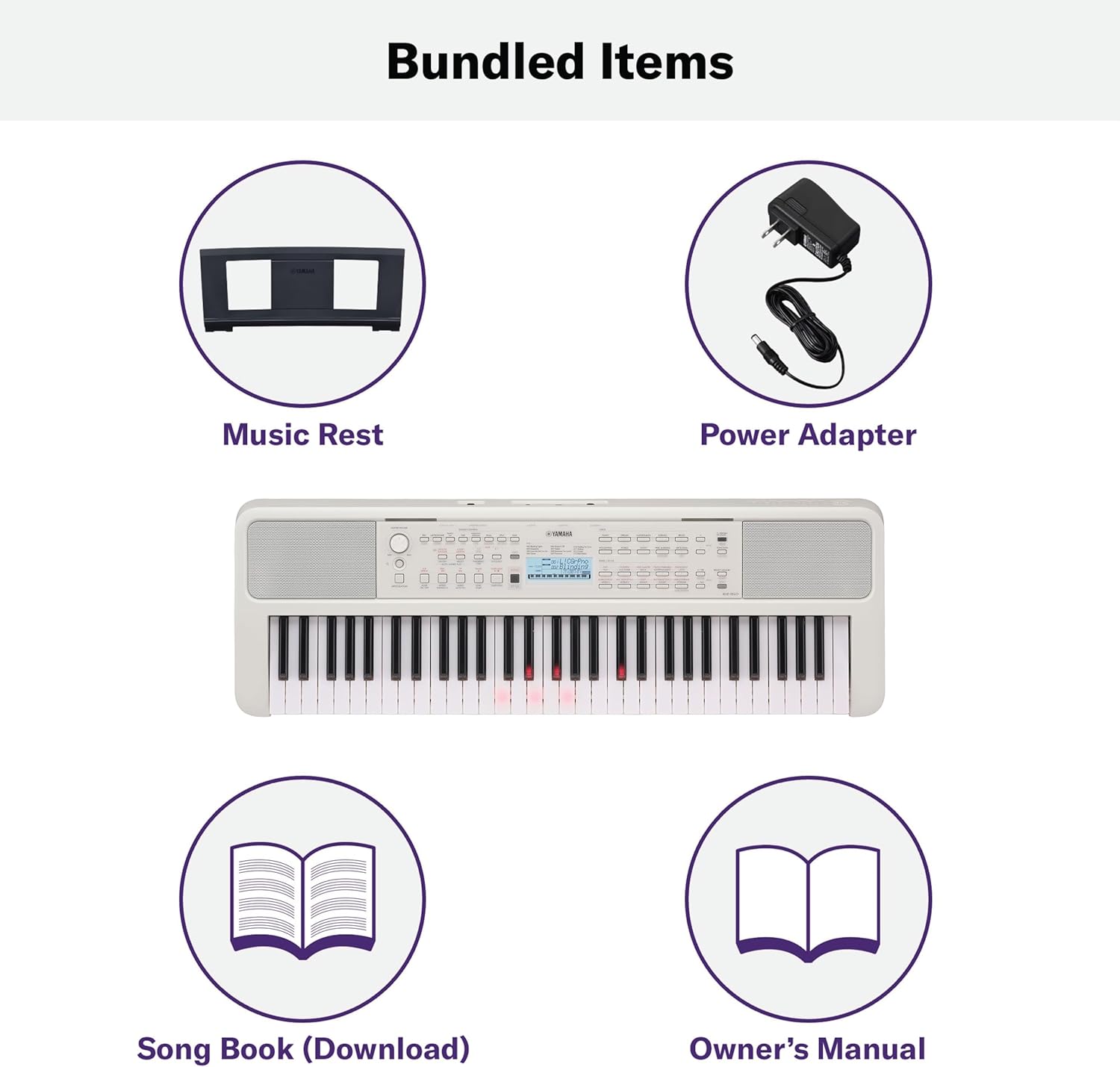 Itens inclusos no pacote do teclado portátil Yamaha EZ-310 como suporte, adaptador, livro de músicas e manual