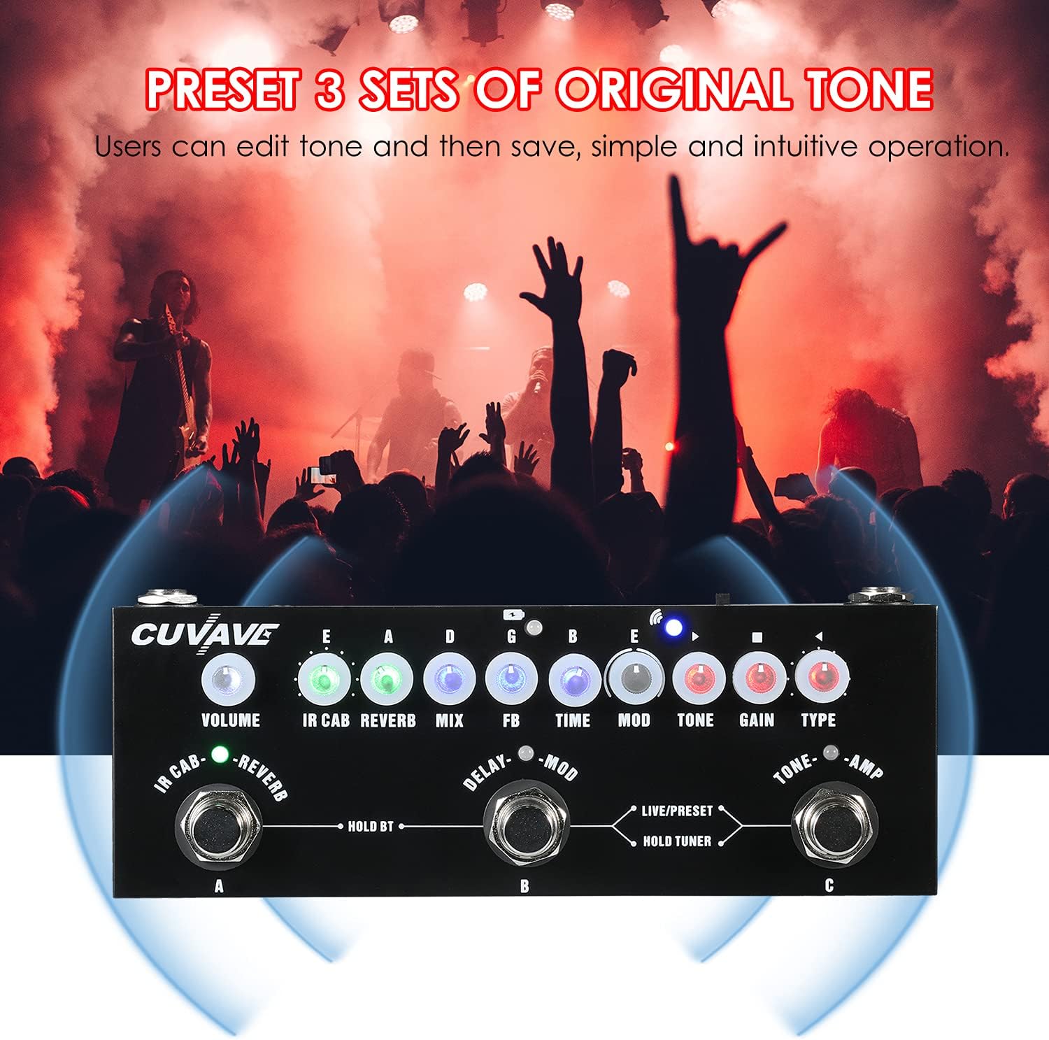 Pedal de efeitos Mibee CUBE BABY com presets editáveis para três timbres originais