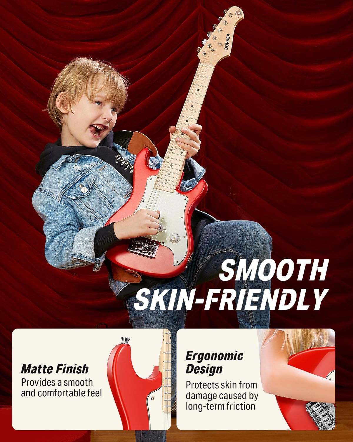 Criança tocando guitarra elétrica vermelha Donner com acabamento fosco e design ergonômico que protege a pele.