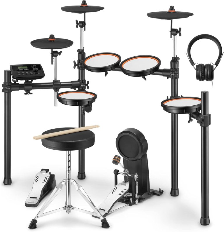 Bateria eletrônica Donner DED-100 com 425 sons, pedal duplo, módulo de controle e acessórios, cor preta com detalhes laranja