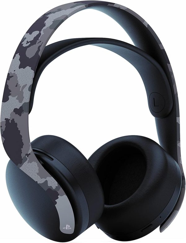 Headset PlayStation Pulse 3D sem fio cinza camuflado CFI-ZWH1R06 com almofadas pretas e design moderno
