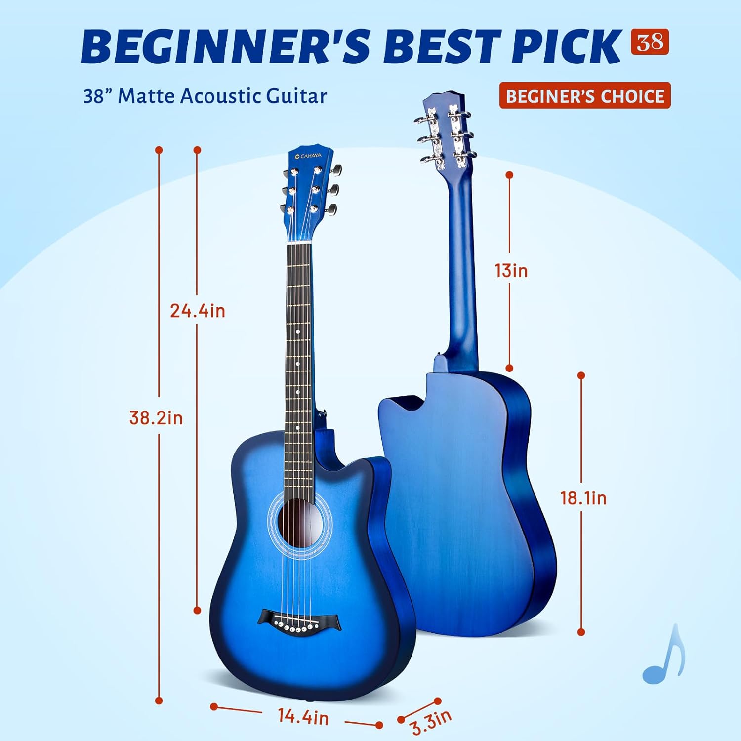 Dimensões detalhadas da guitarra acústica CAHAYA azul fosco 38 polegadas com medidas em polegadas na imagem.