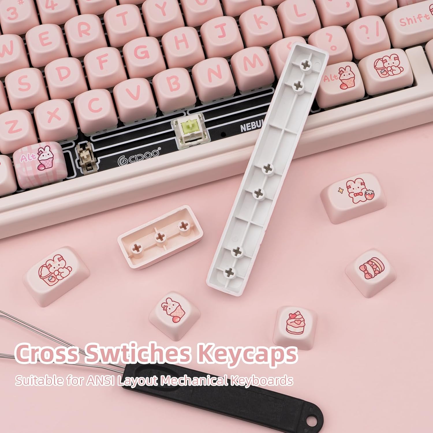 Detalhe das teclas rosa PBT perfil MOA para teclado mecânico com encaixe cruzado e ferramentas de remoção.