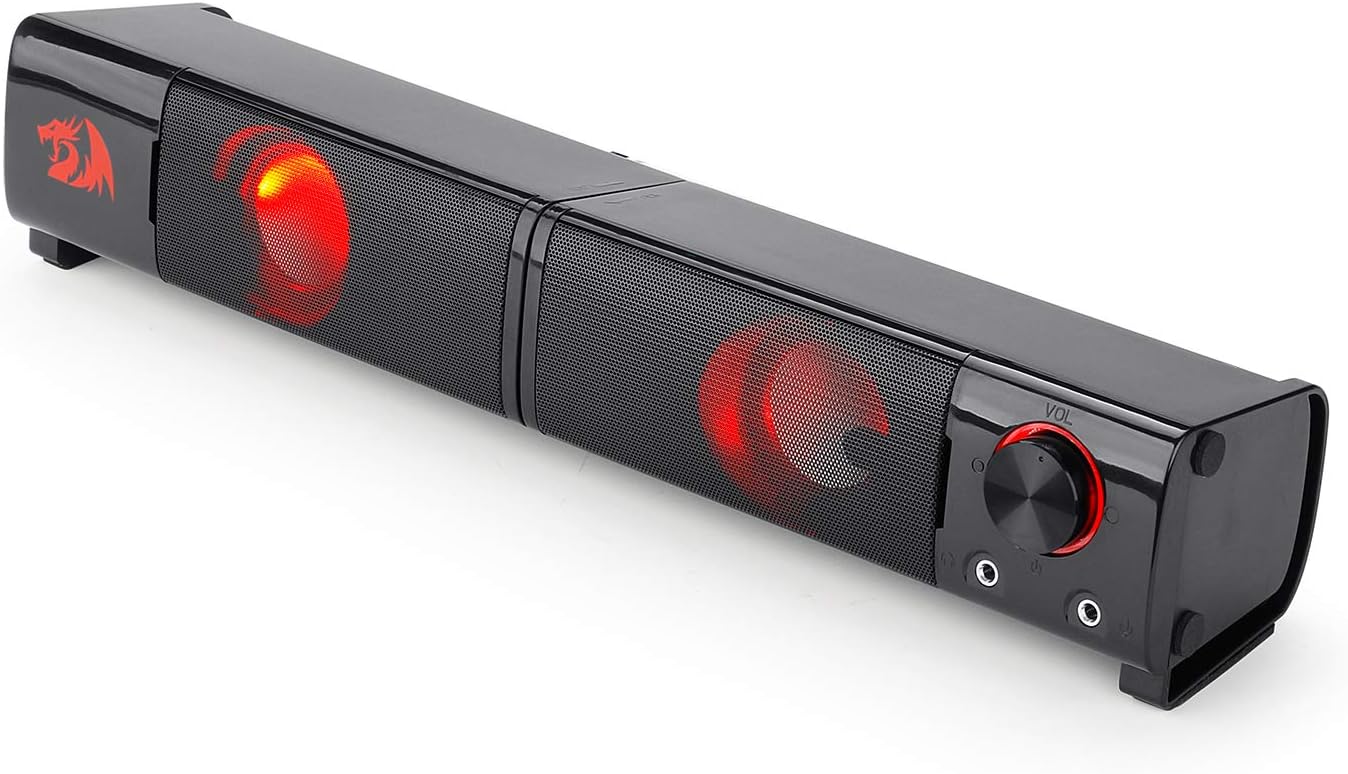 Redragon Orpheus GS550 Soundbar com LEDs vermelhos, controle de volume e entradas para fone e microfone.