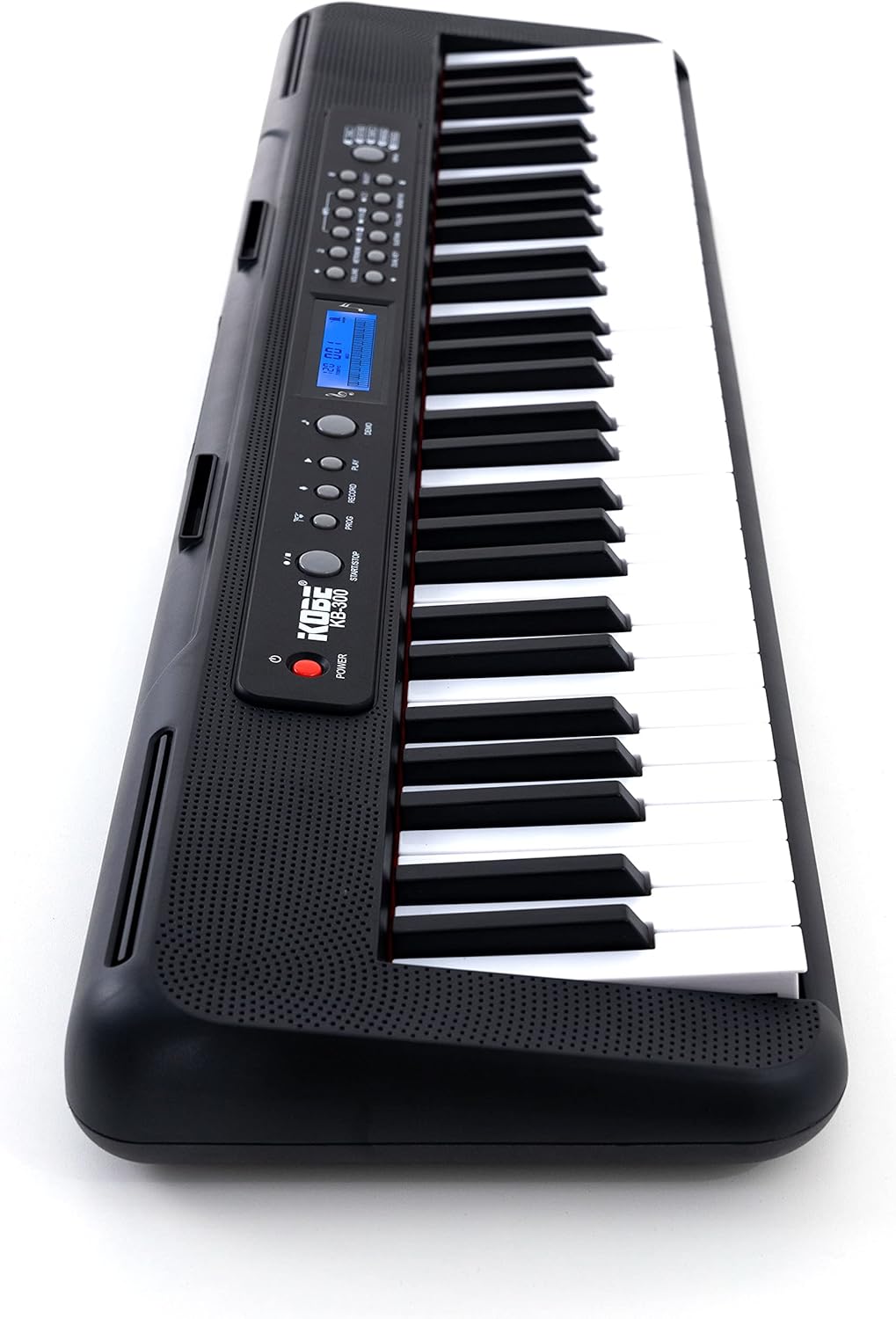 Teclado musical Kobe KB-300 visto de lado com 61 teclas e painel de controle com display azul e botões.