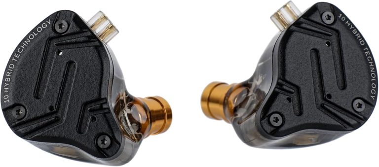 Fones intra-auriculares Linsoul KZ ZS10 PRO X pretos com cabo destacável, design híbrido e detalhes dourados.