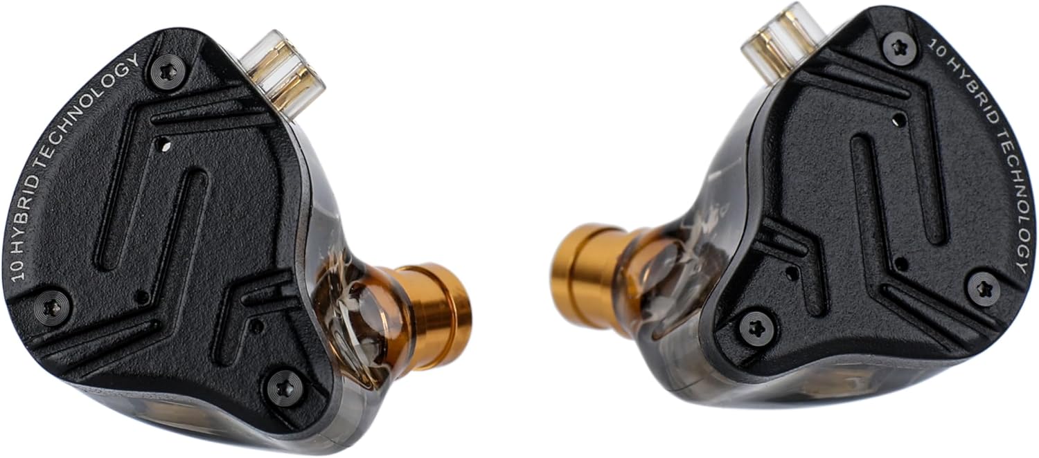 Fones intra-auriculares Linsoul KZ ZS10 PRO X pretos com cabo destacável, design híbrido e detalhes dourados.