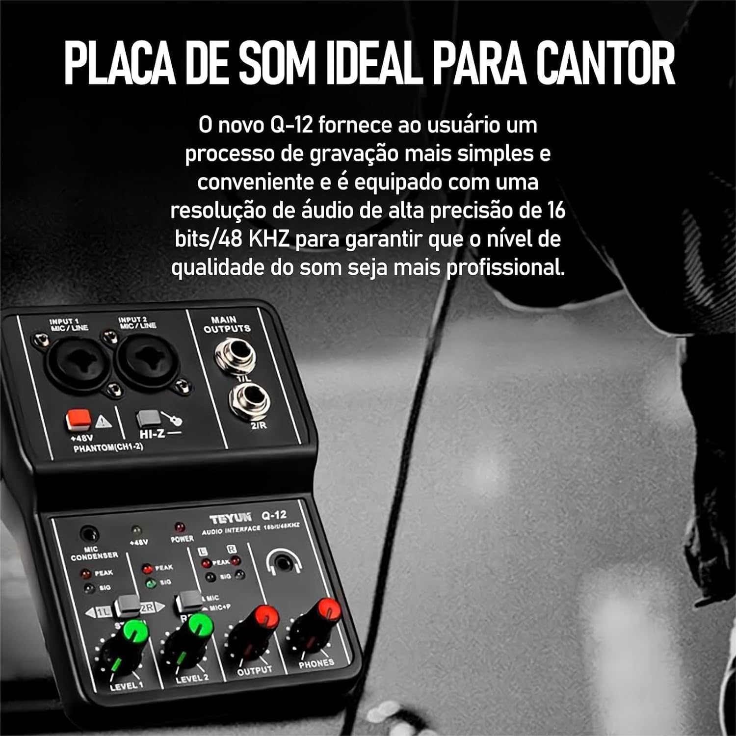 Interface de áudio Teyun Q-12 com resolução de 16 bits e 48 kHz ideal para gravação profissional
