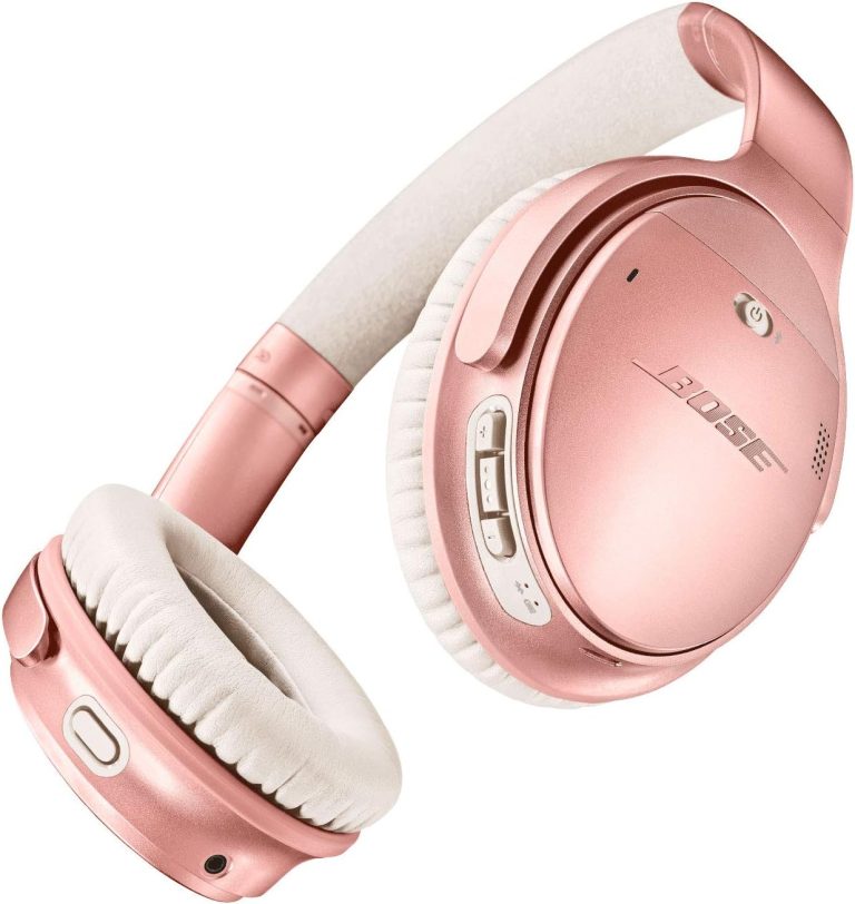 Fones de ouvido Bluetooth Bose QuietComfort 35 II cor rosa com cancelamento de ruído ativo e controles na lateral.