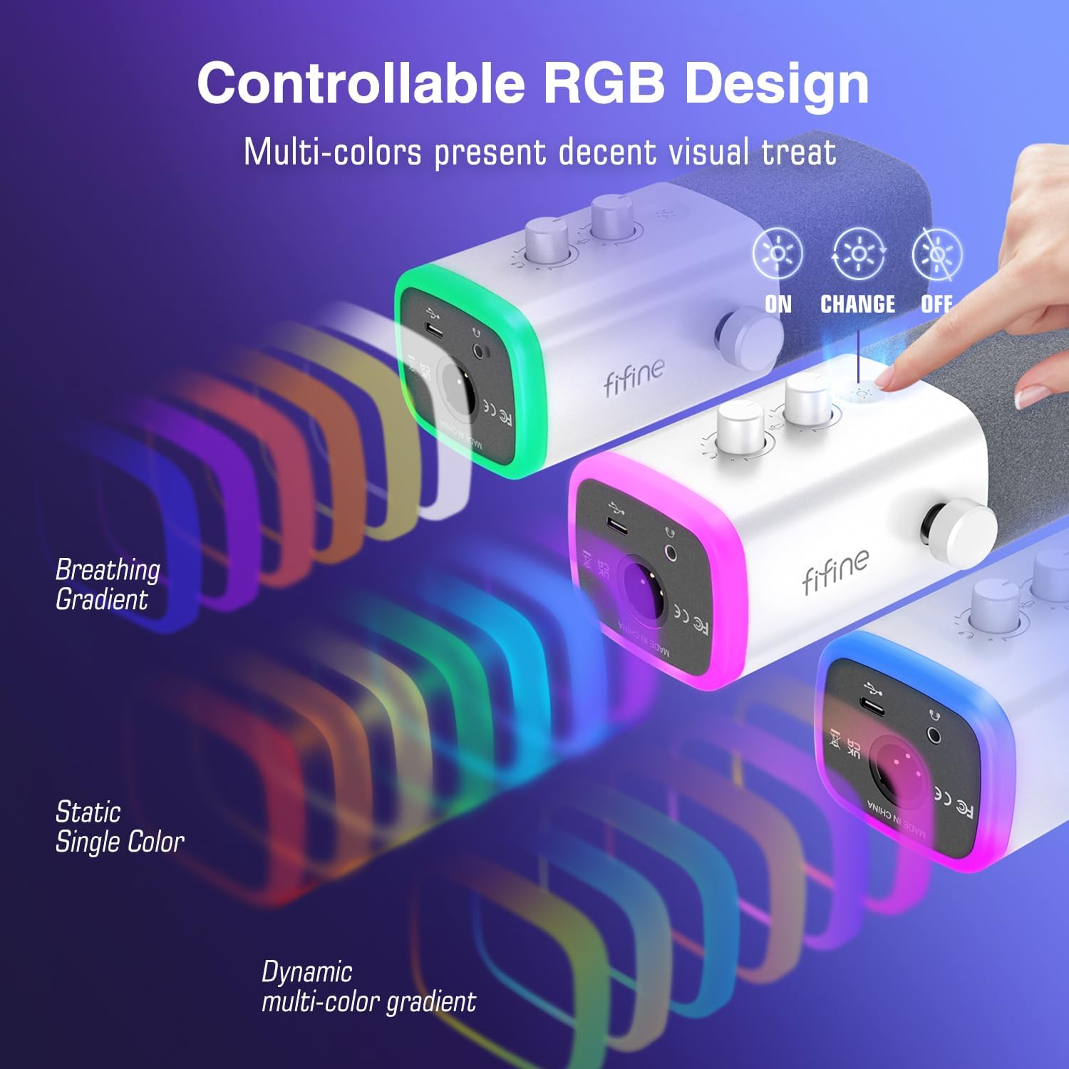 Microfone FIFINE AM8 branco com design RGB controlável, múltiplos modos de iluminação e cores