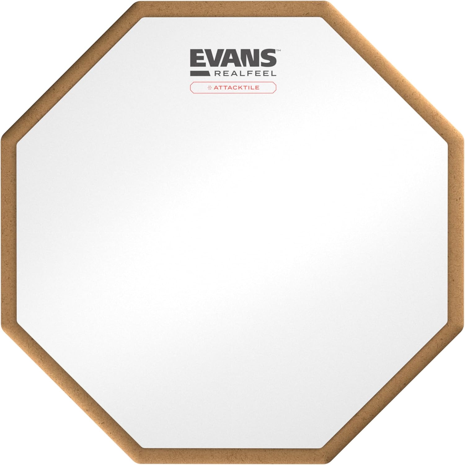 Pad de prática para bateria Evans RealFeel Attacktile branco com borda bege e logo visível.