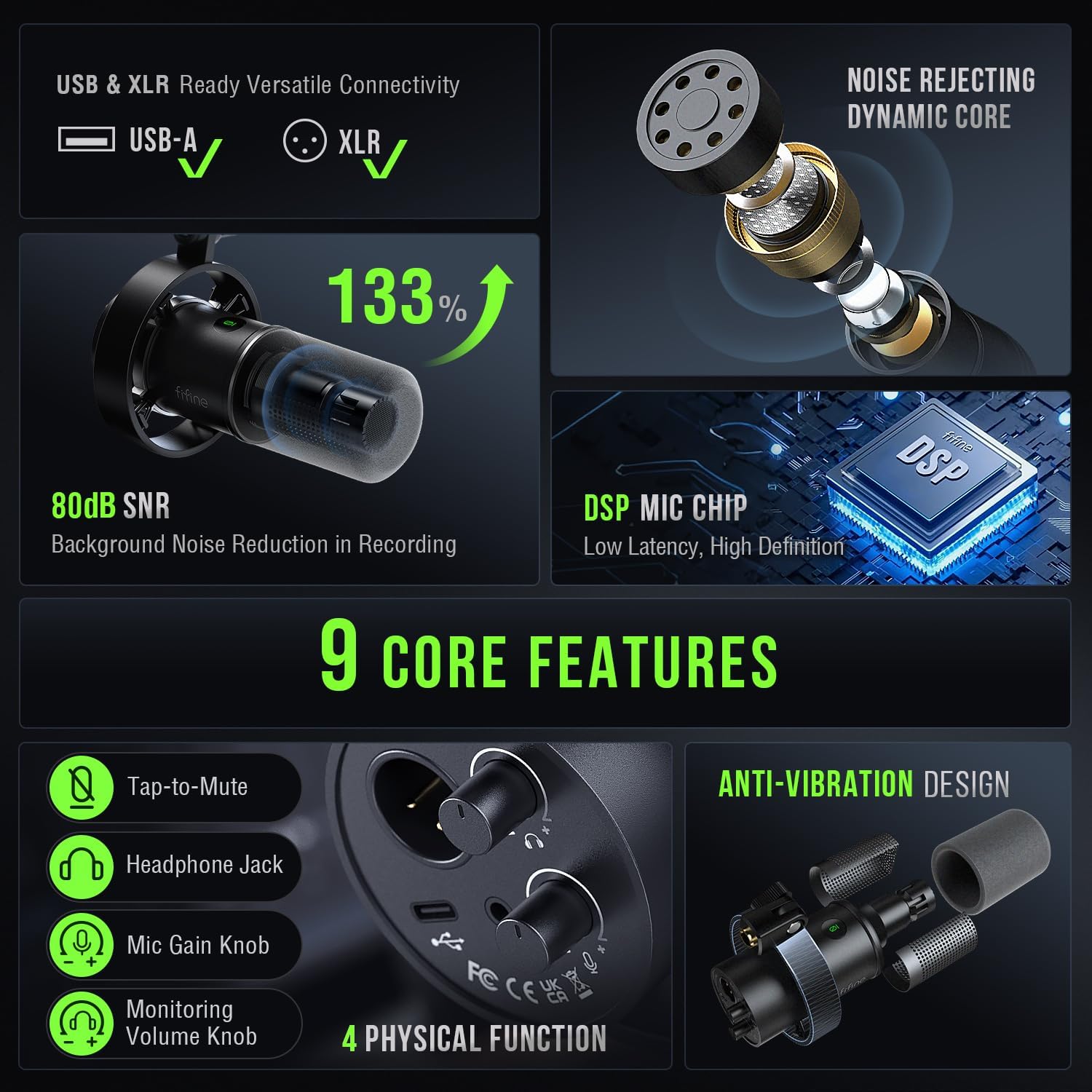 Microfone FIFINE K688 com conectividade USB e XLR, chip DSP, rejeição de ruído, controles de ganho e volume, e design anti-vibração.