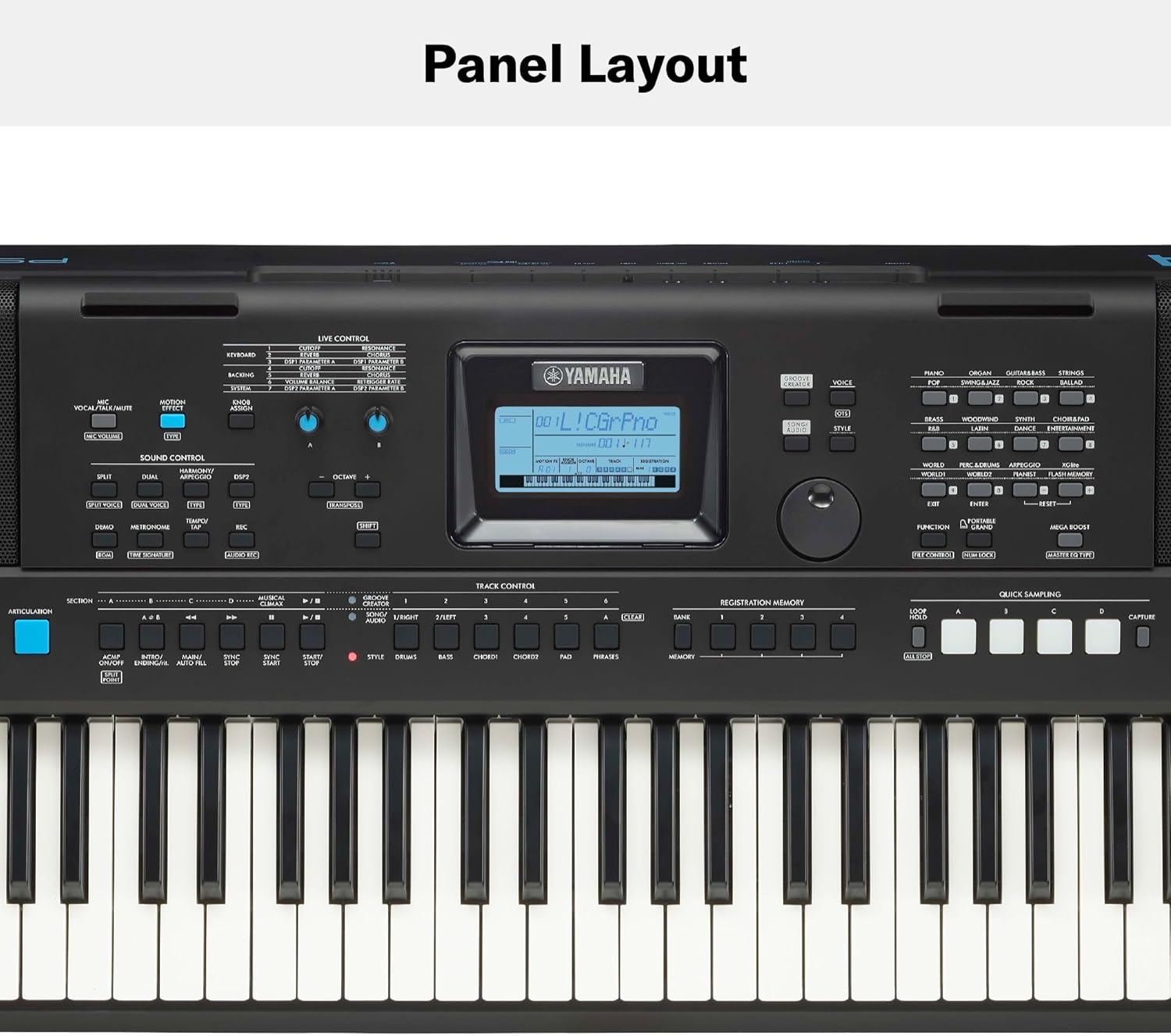 Painel de controle completo do teclado Yamaha PSR E473 com botões, knobs e visor LCD