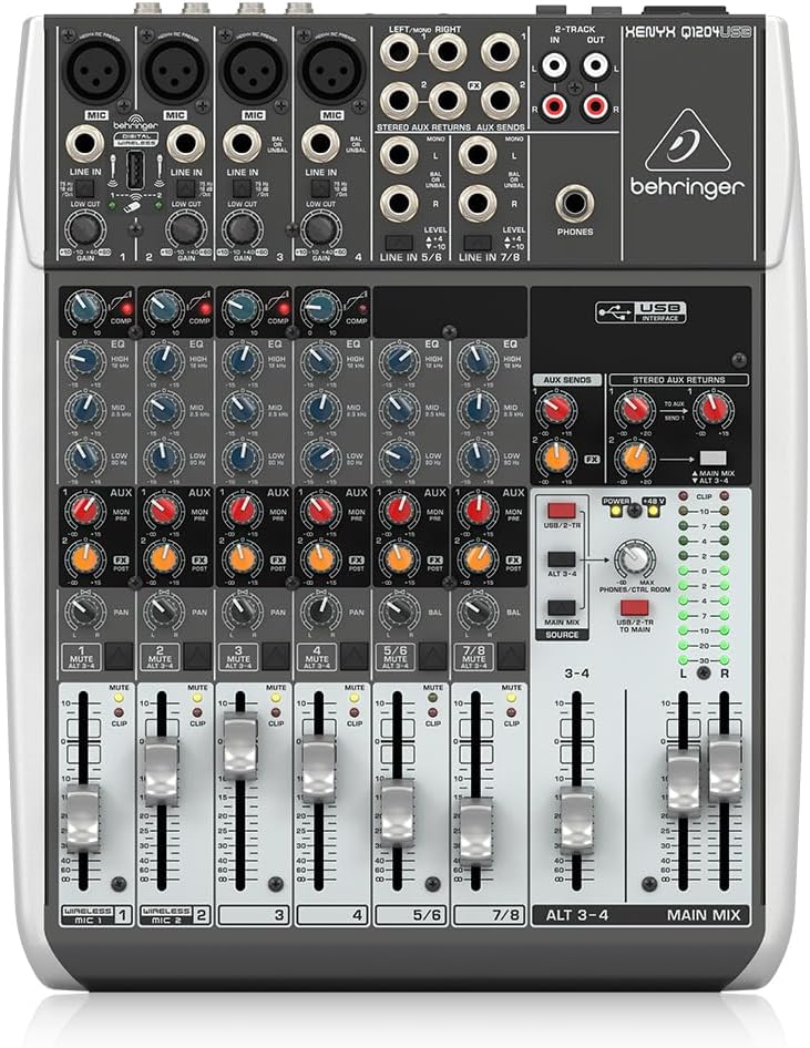 Mesa de som Behringer Q1204USB com 4 canais, entradas XLR, RCA e USB, vista superior