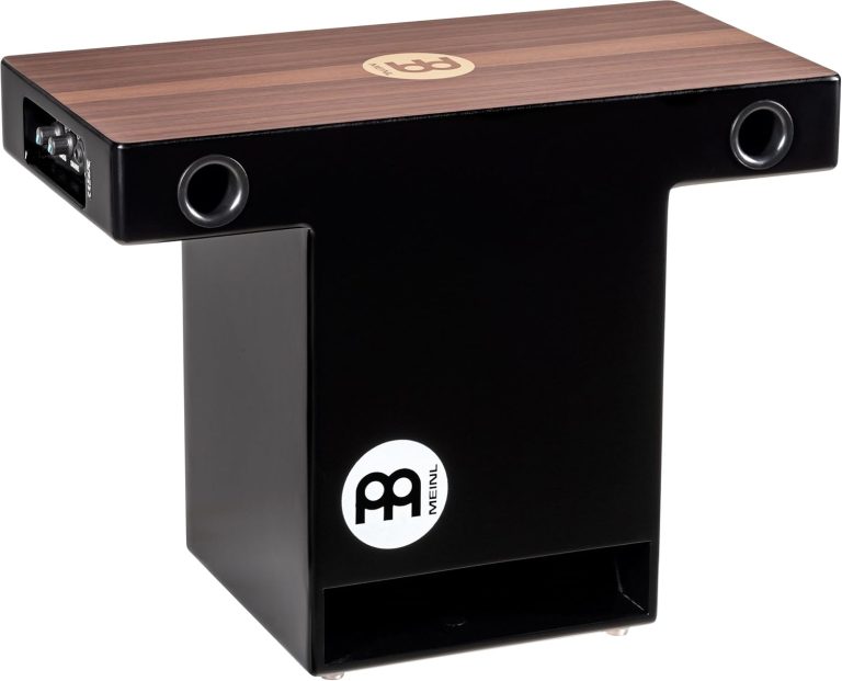 Meinl PTOPCAJ2WN Cajon com captador piezo, tampo em nogueira e corpo preto em forma de T, com entradas jack e controles de som