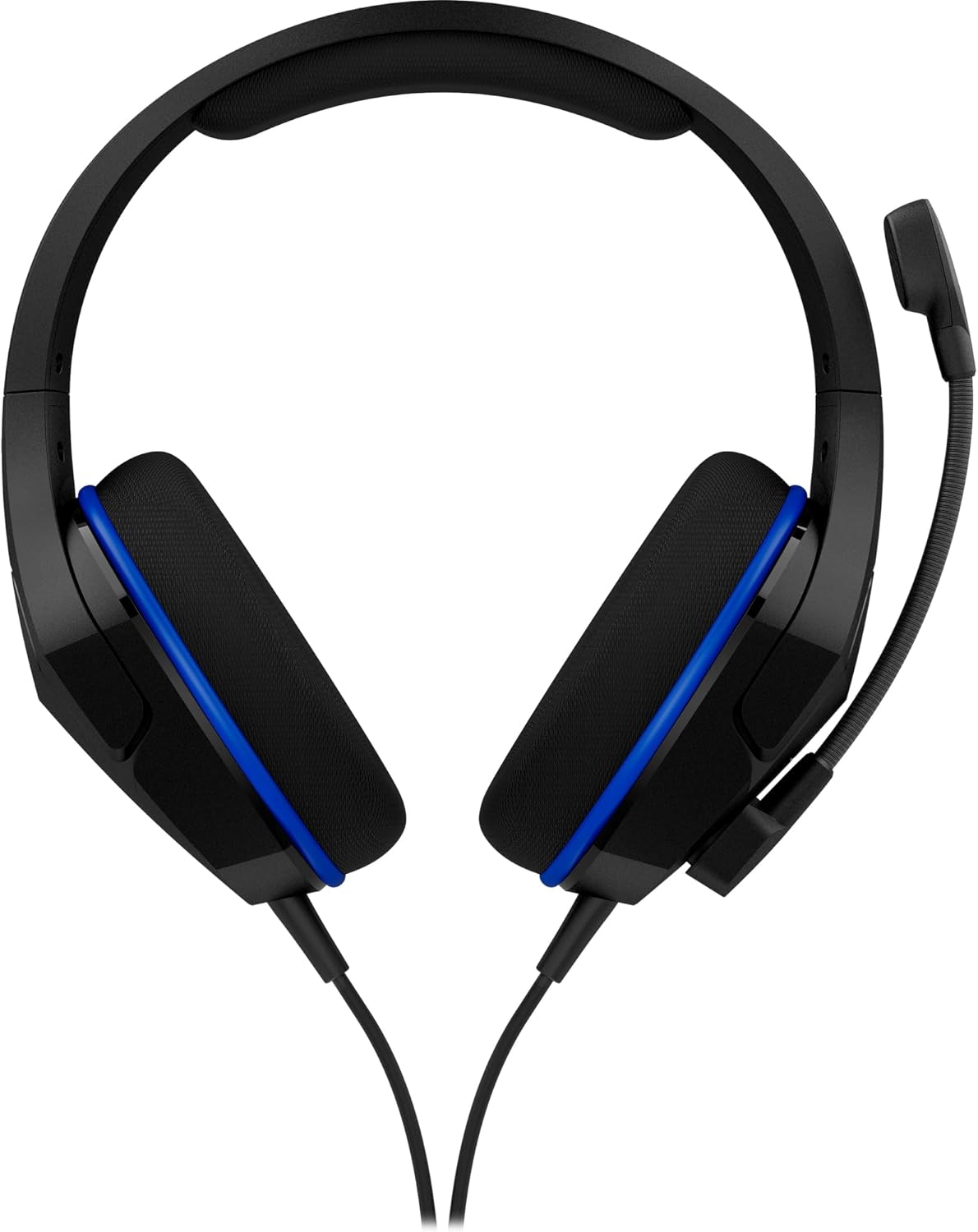 Headset gamer HyperX Cloud Stinger Core preto com microfone flexível e detalhes em azul visto frontalmente