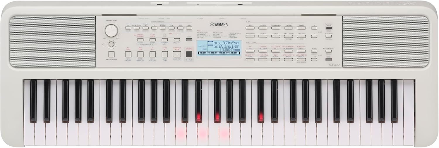 Teclado portátil Yamaha EZ-310 branco com 61 teclas sensitivas iluminadas vermelho e painel digital