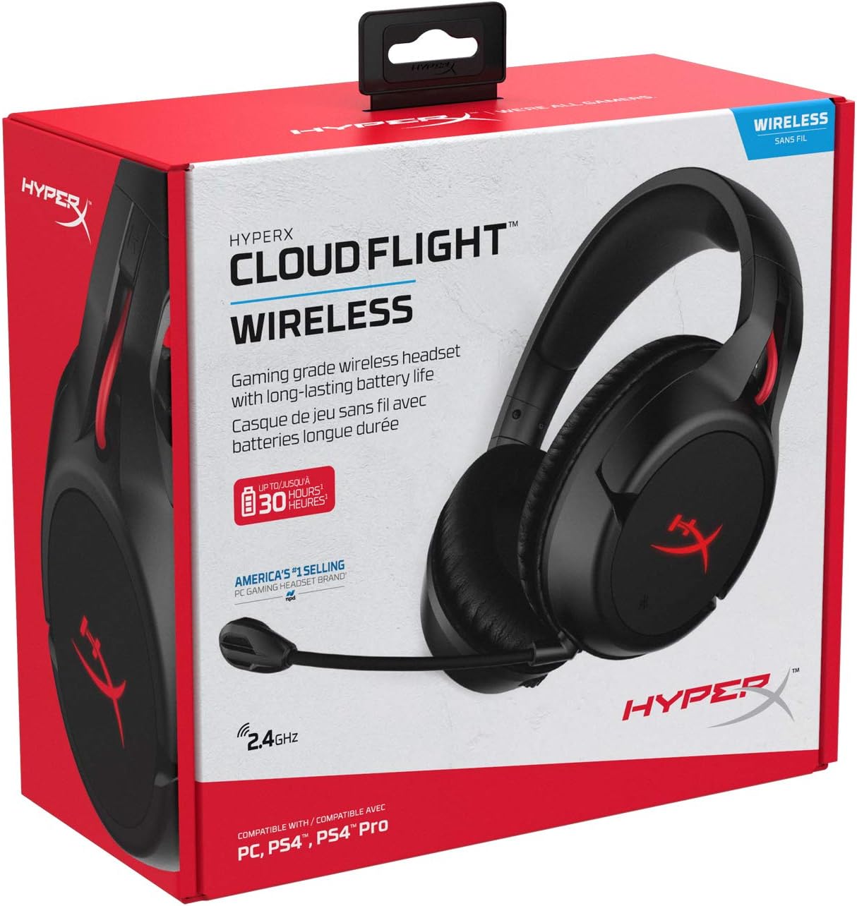 Embalagem do headset HyperX Cloud Flight Wireless com bateria de até 30 horas e compatibilidade PC e PS4