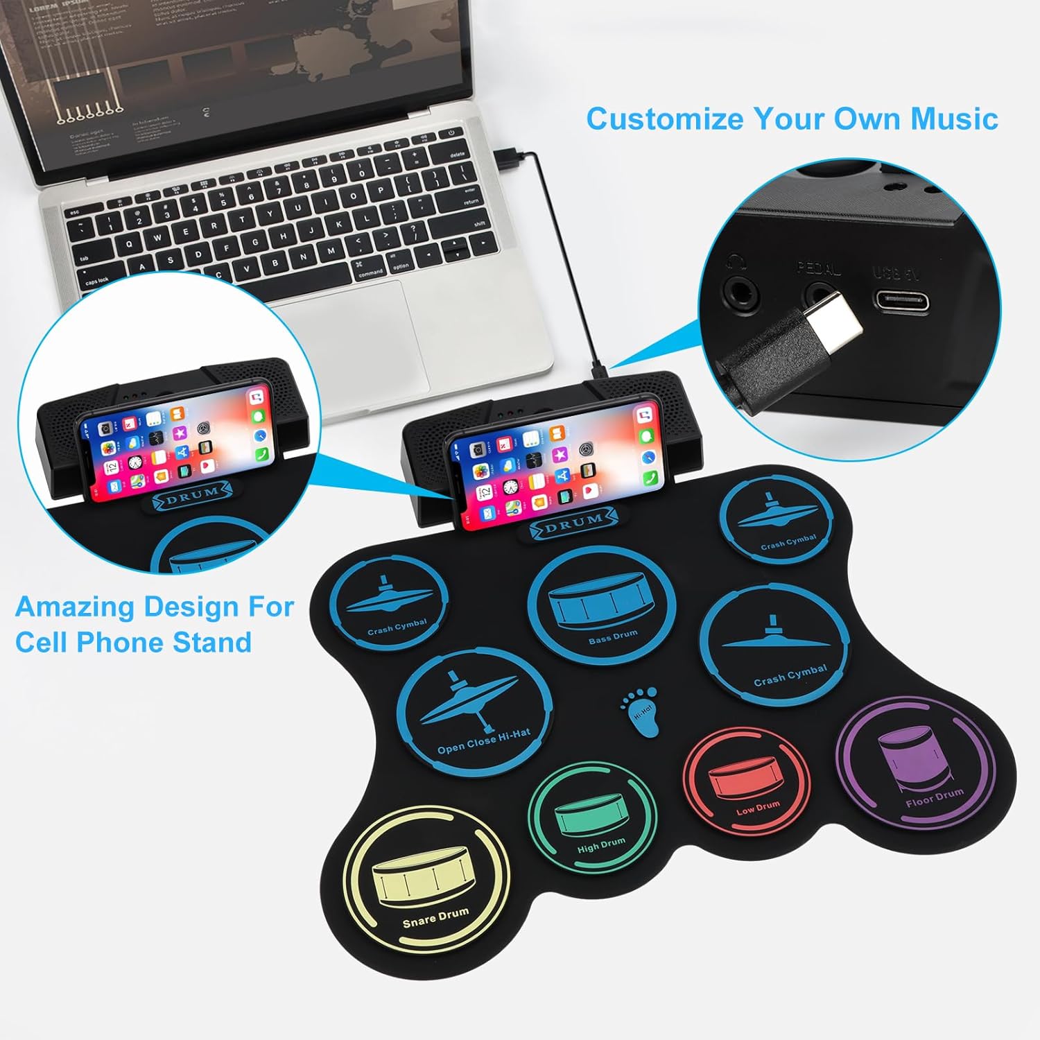 Bateria eletrônica Brigle conectada a notebook e smartphone com suporte para celular integrado.