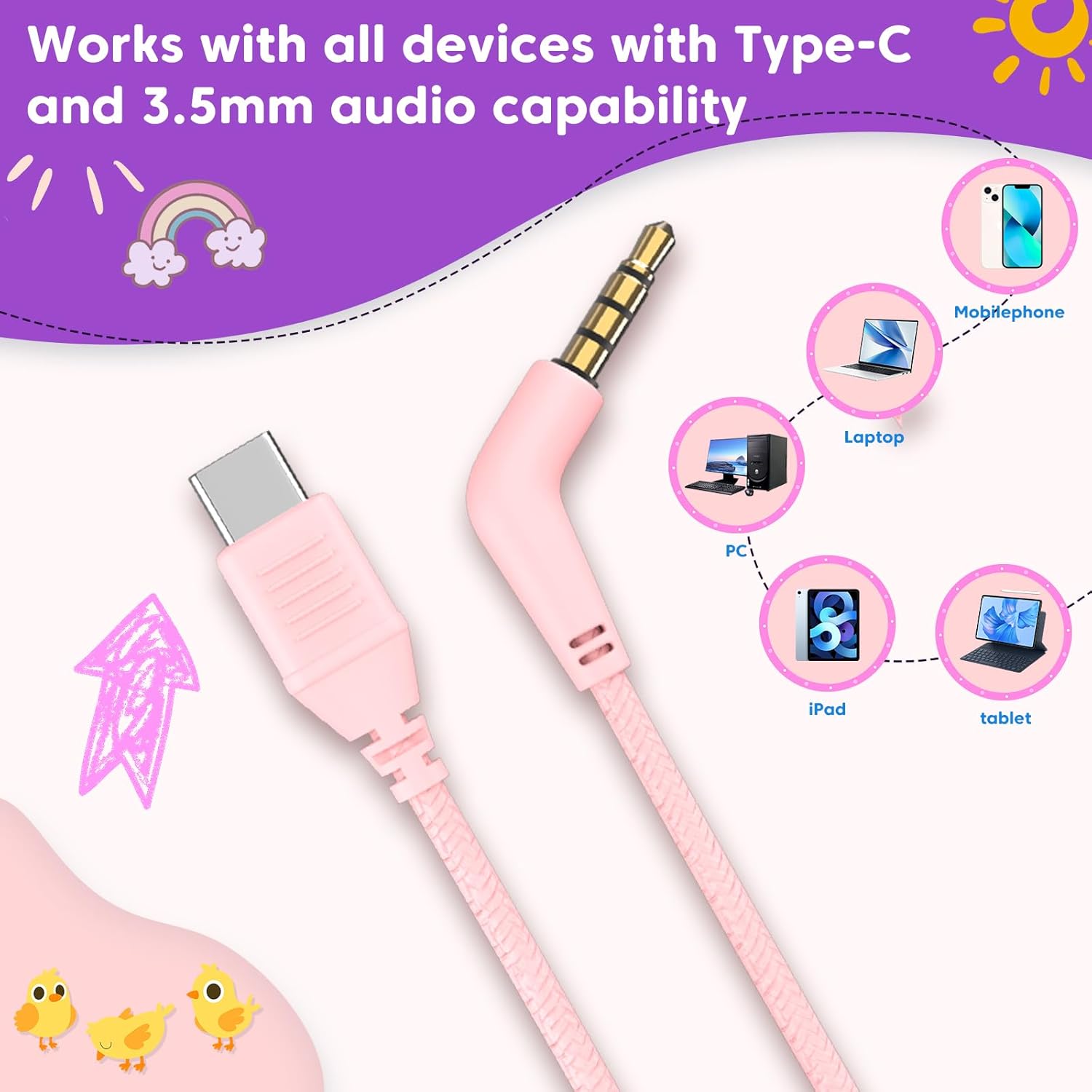 Cabo USB-C e 3,5 mm do fone infantil VkingMoR compatível com múltiplos dispositivos