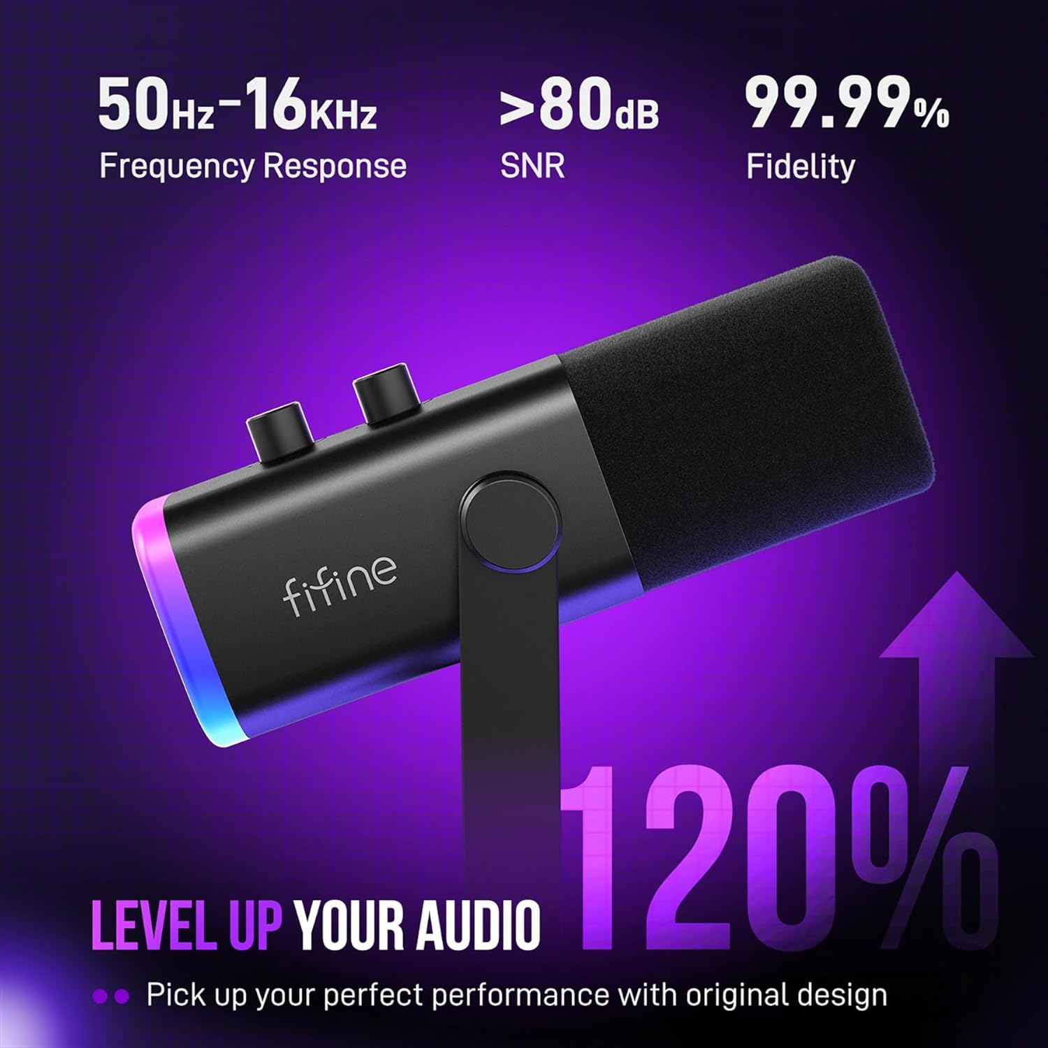 Microfone FIFINE AM8T com RGB e especificações técnicas de áudio para jogos