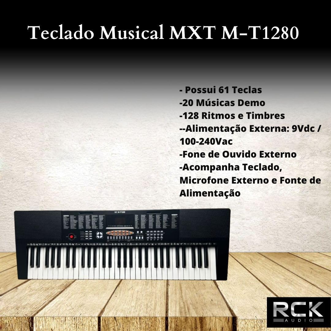 Detalhes e principais características do teclado musical MXT M-T1280 com 61 teclas e acessórios inclusos
