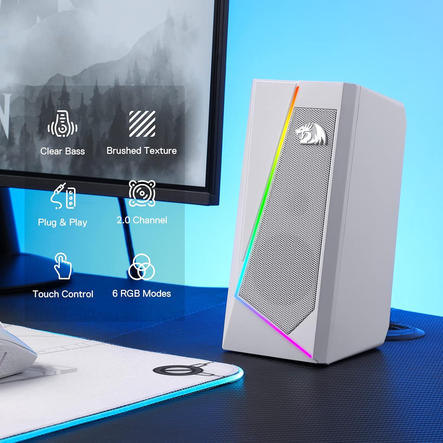 Caixa de som Redragon Anvil RGB GS520W branca com iluminação RGB, ambiente gamer