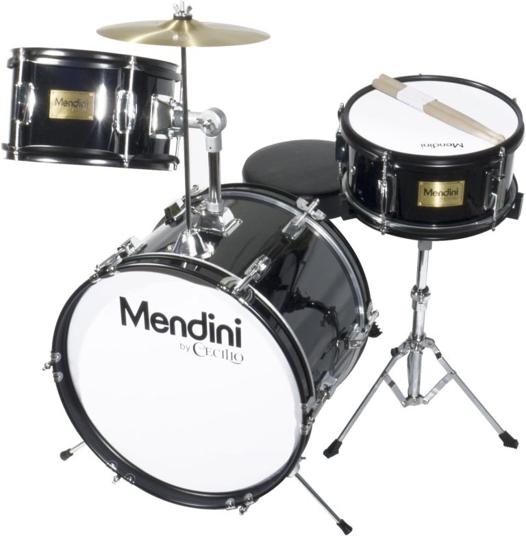 Bateria infantil Mendini by Cecilio 3 peças preta com bumbo, caixa, tom-tom, pratos e banco acolchoado