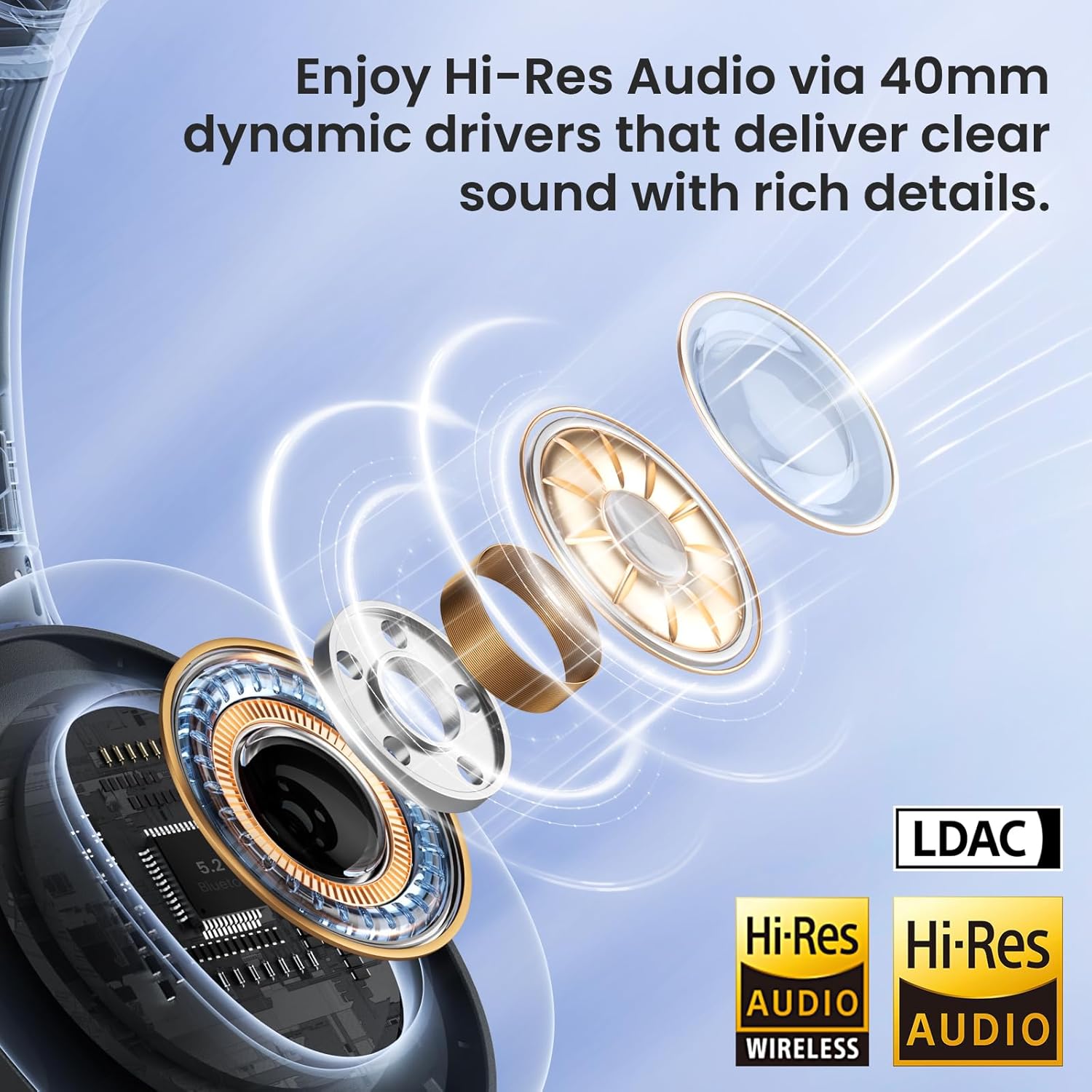 Fones Haylou S35 com drivers dinâmicos de 40mm para áudio Hi-Res e suporte LDAC.
