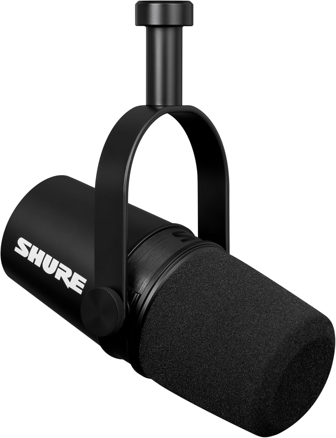 Microfone dinâmico Shure MV7X preto com espuma protetora para podcast