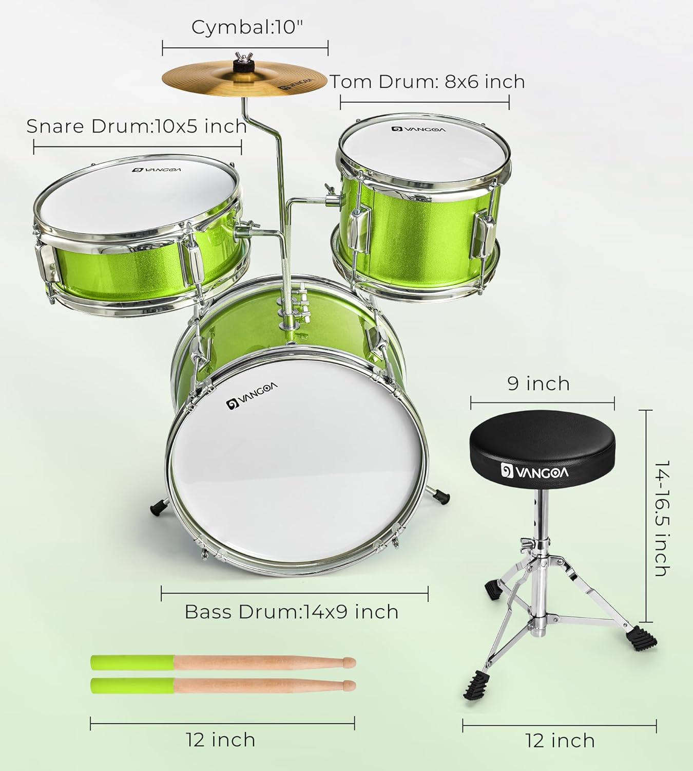Dimensões detalhadas do kit de bateria acústica verde Vangoa para iniciantes