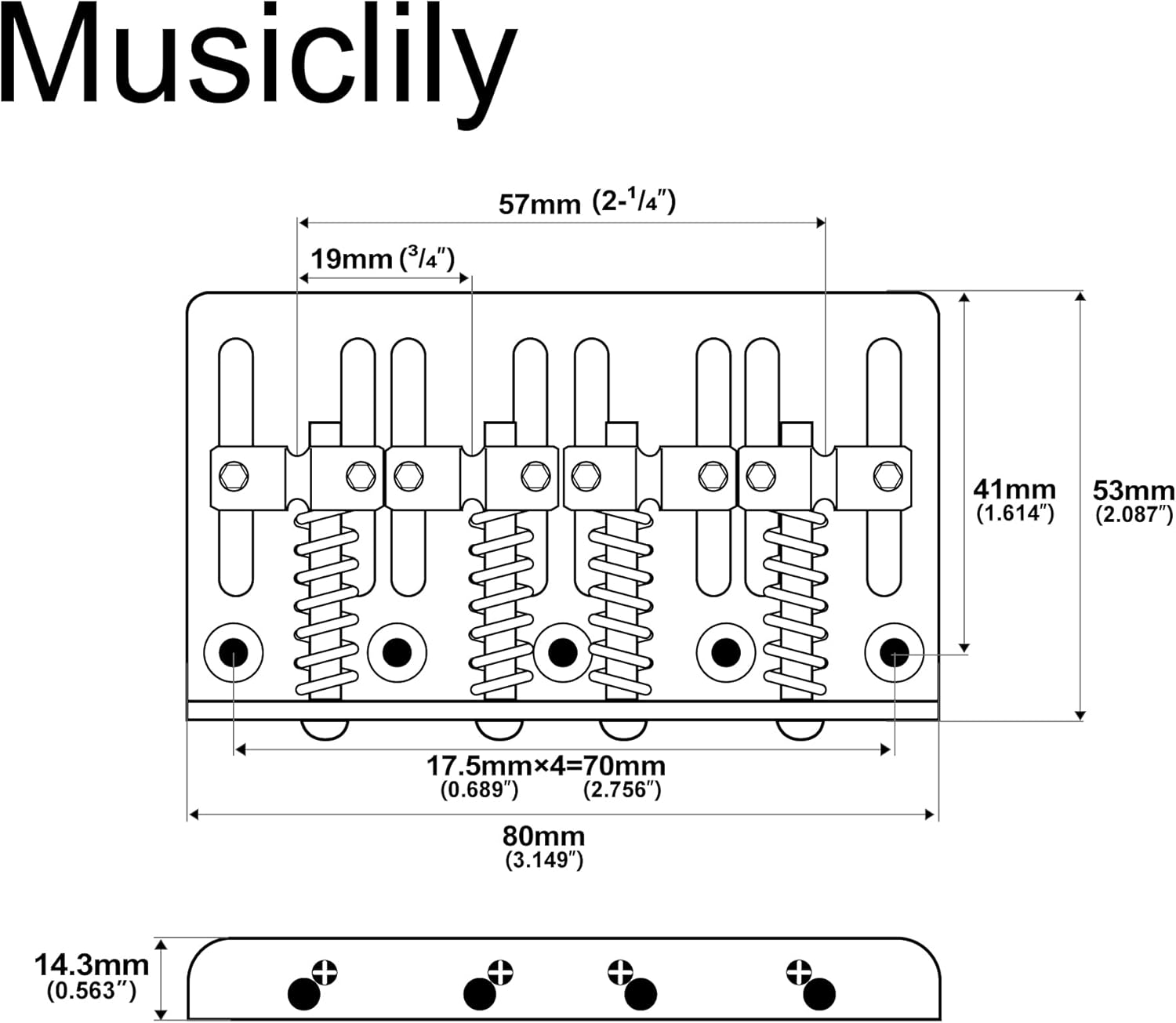 Desenho técnico com medidas da ponte Musiclily Pro para baixo 4 cordas