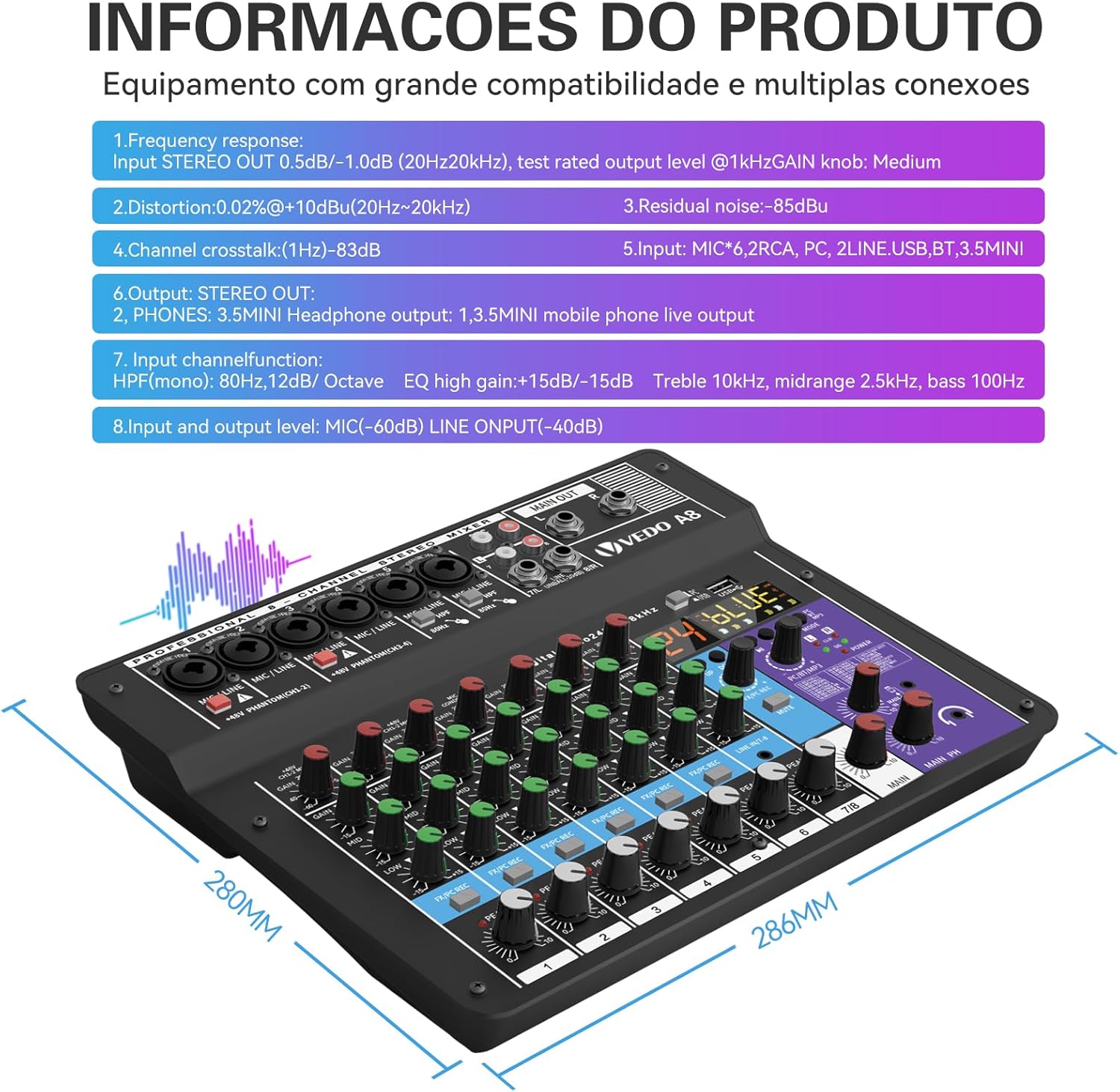 Especificações técnicas do mixer TEYUN A8 com dimensões, resposta de frequência, entradas, saídas e ajustes de equalizador.