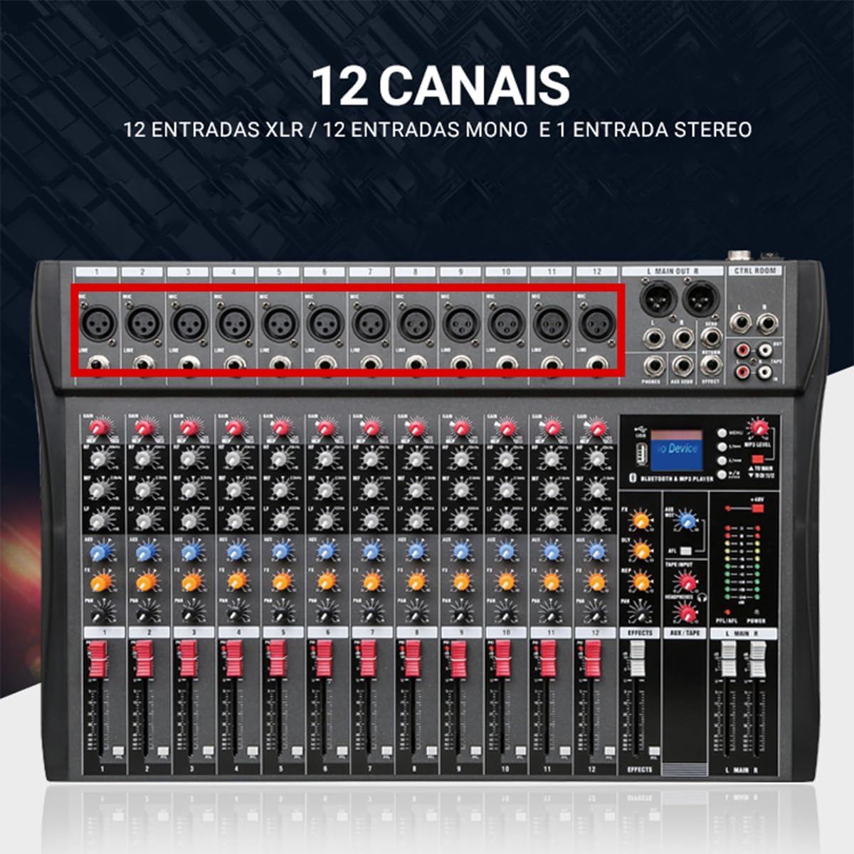 Mesa de som GMRGB 12 canais com entradas XLR e mono destacadas, visão frontal do mixer com controle de áudio