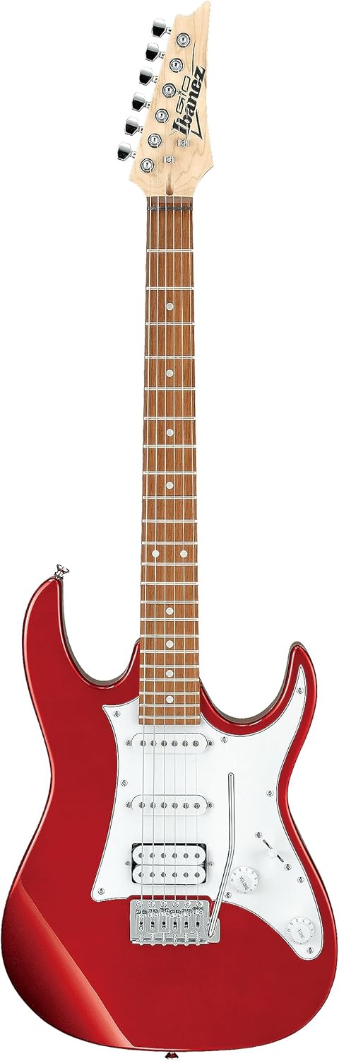 Ibanez Gio GRX40 guitarra elétrica corpo sólido vermelha candy apple com logo Ibanez na cabeça do braço.