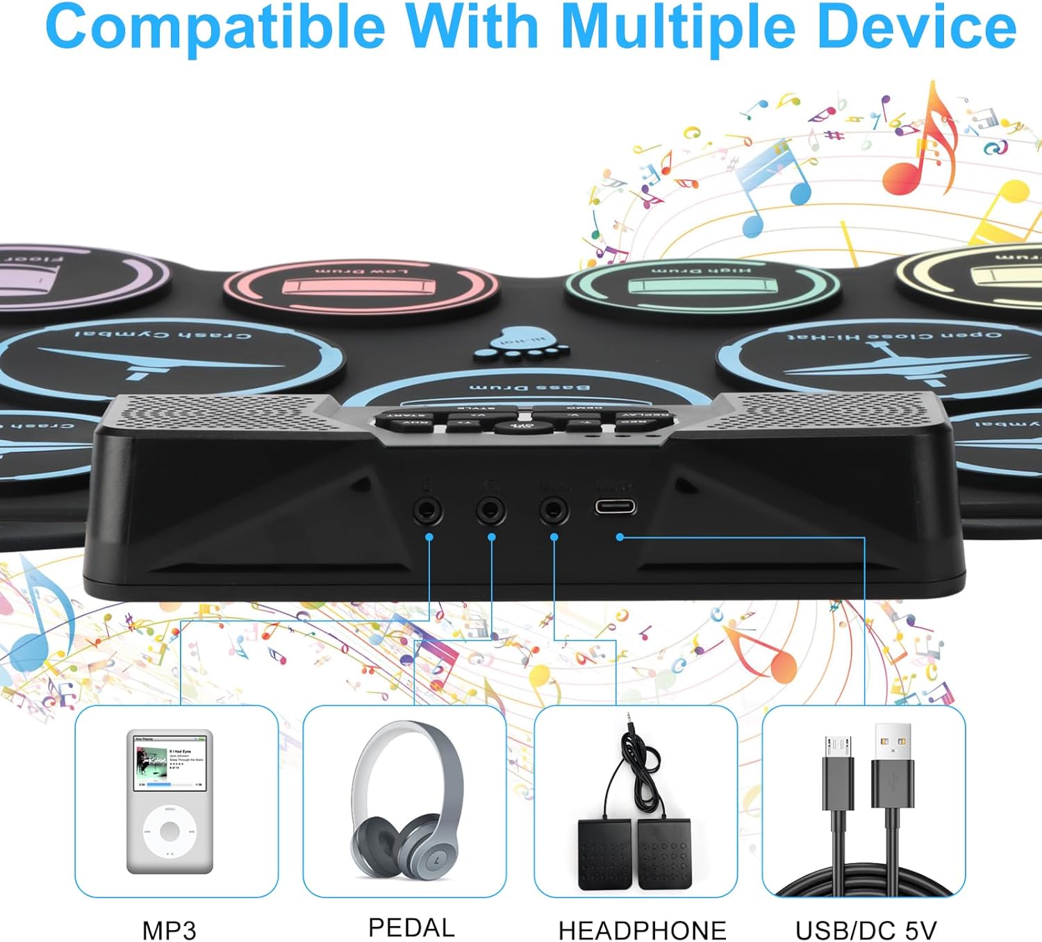 Conexões da bateria eletrônica Brigle para MP3, pedal, fone de ouvido e carregamento USB, com pads coloridos ao fundo.