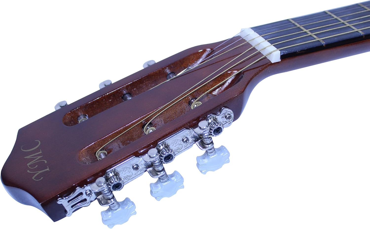 Headstock de guitarra acústica YMC com tarraxas cromadas e logo dourado
